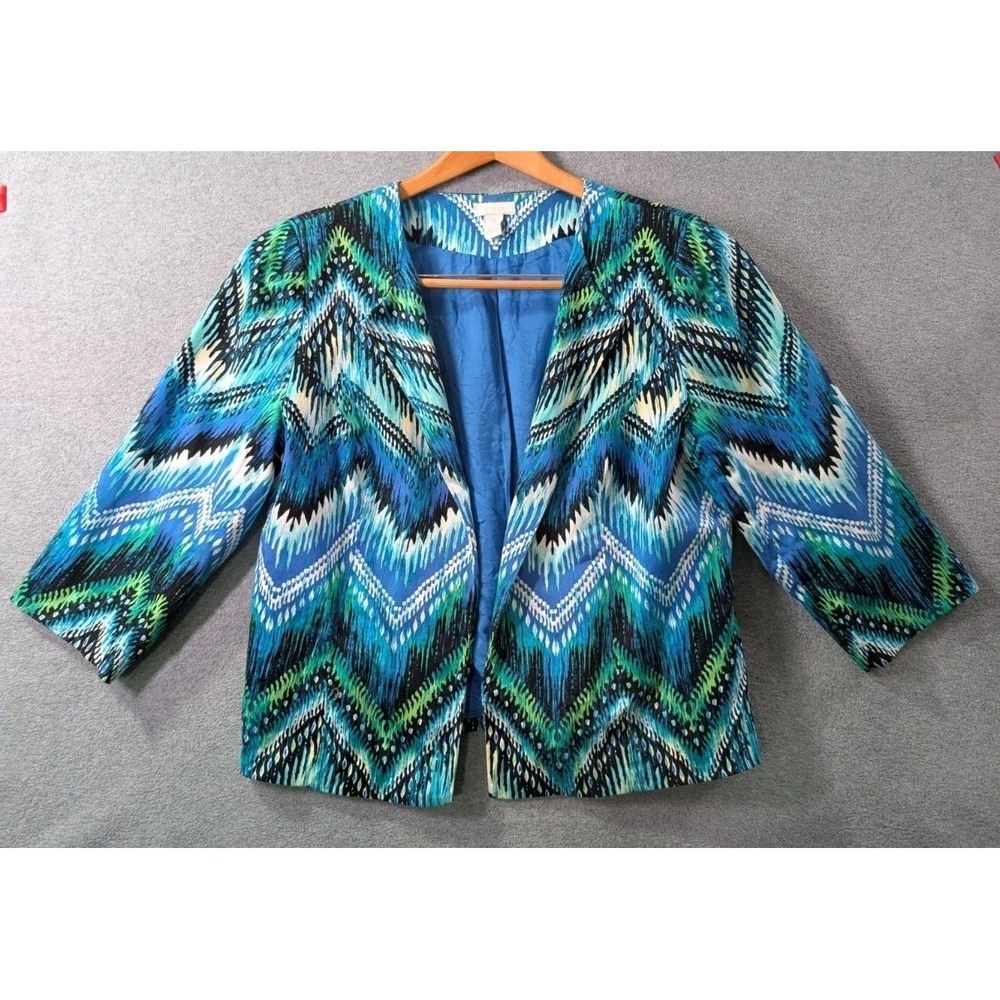 Chico's Women's Open Front Jacket Size 2 Blue Chevron Ikat‎ Career Boho Blazer